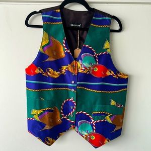Vintage 90s Silk Vest by Silk Club with Fish and Rope Print Size Medium